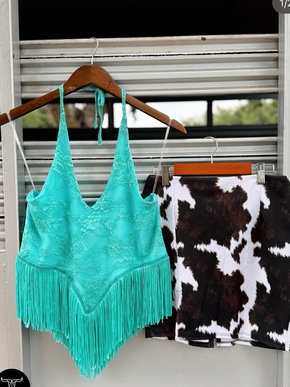 Turquoise Fringe Lace Halter Top